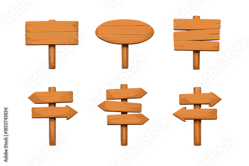 Set of six stylized wooden signs with warm lighting