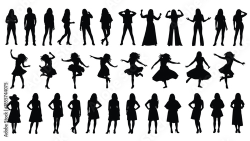Set of black woman silhouettes standing posing and dancing in dresses and casual outfits diverse female group isolated on white background
