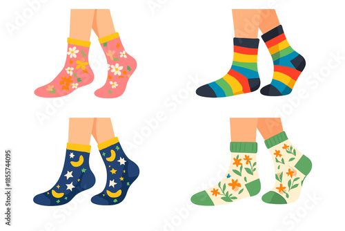 Four pairs of brightly colored socks with playful patterns