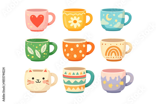 Collection of cute cartoon mugs with fun designs
