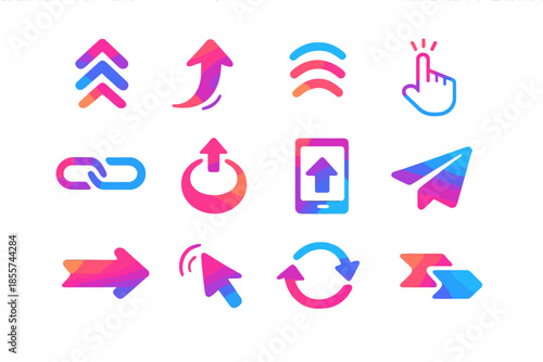 Set of glowing neon icon symbols on a blurred gradient background