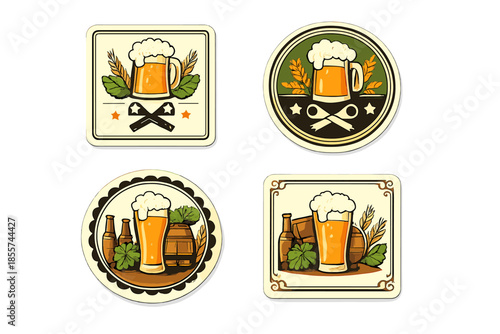 Beer-themed coasters and emblems with foamy beer mugs and barrels