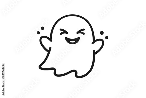 Cute happy ghost character with wide smile and closed eyes