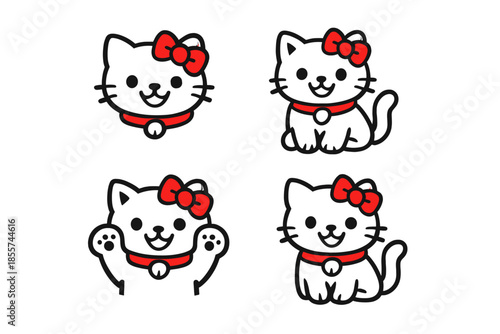 Cute cartoon white cats with red bows and collars