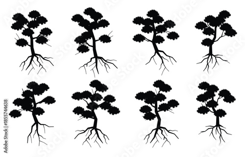 silhouette tree with roots vector