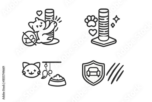 Cat icons with pet care and protection symbols