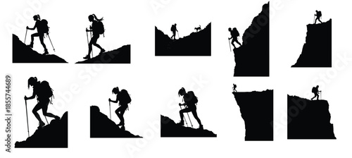 Silhouettes of hikers with backpacks and poles on rocky terrain