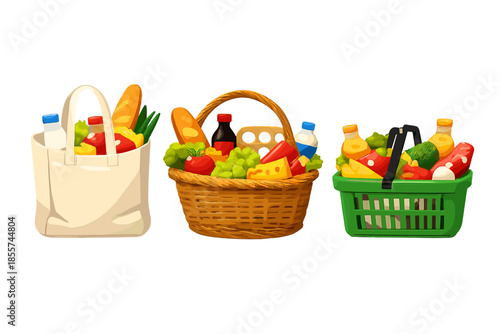 Three colorful grocery containers filled with food items