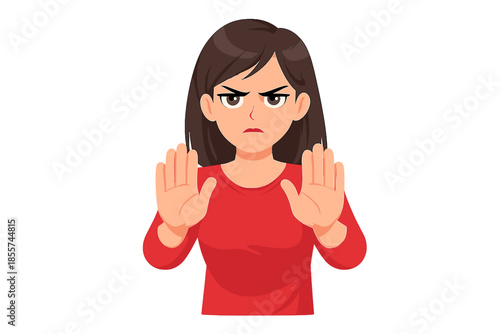 Angry woman holding up hands to stop, glowing red