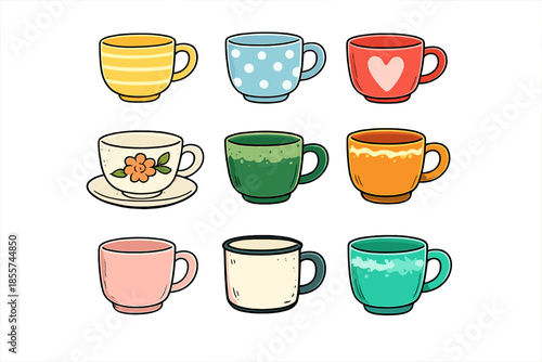Cute collection of nine colorful cartoon mugs