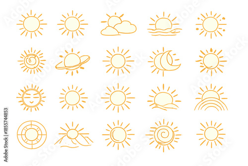 Collection of cartoon sun icons with different weather conditions and variations