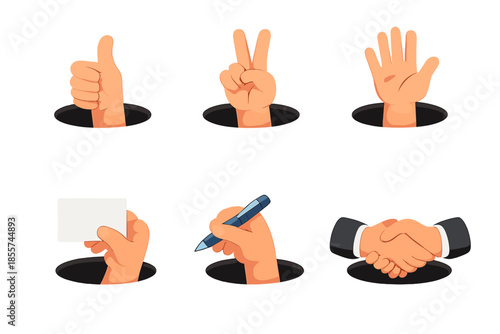 Set of hands emerging from holes representing business and communication gestures