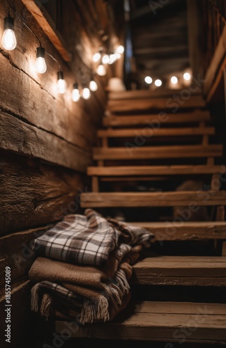 Wallpaper Mural Cozy rustic cabin staircase with blankets and string lights Torontodigital.ca