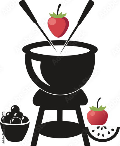 Chocolate fondue pot with fruits and marshmallows dipped inside silhouette vector icon , white background