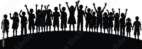 Silhouette of happy children with raised hands on a grassy hill  vector illustration icon