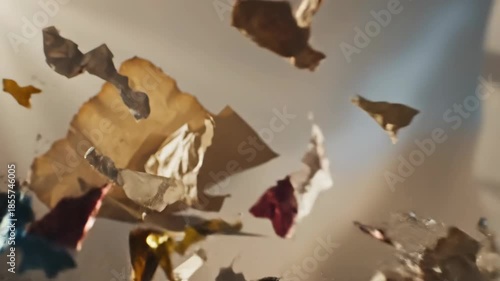 Engaging close-up captures of crumpled paper and playful confetti showcasing movement, texture, and vibrant colors in an energetic abstract scene.