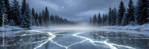 Vast frozen lake with glowing cracks surrounded by frosted pine trees - Concept of Fantasy winter landscapes and fairytale worlds  
