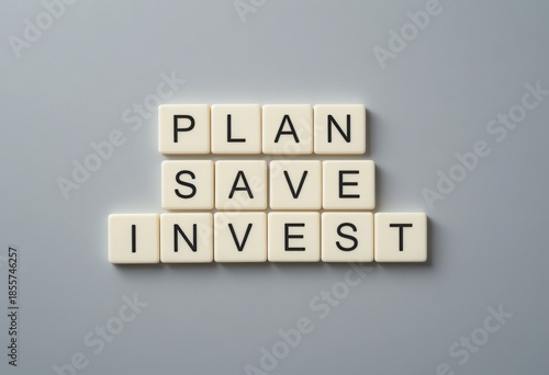 Financial Strategy with Words Plan Save Invest on Light Background
