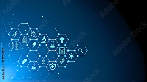 Abstract science and technology background with medical and research icons forming a hexagonal network pattern on a blue gradient
