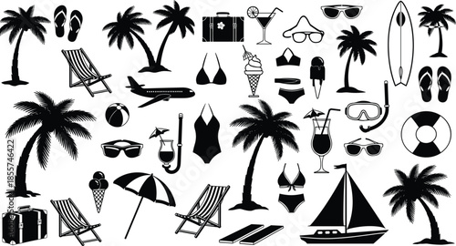 Large collection of summer beach vacation silhouettes, travel icons including palm trees, swimwear, cocktails, airplane, and sailboat, vector illustration isolated on white background.