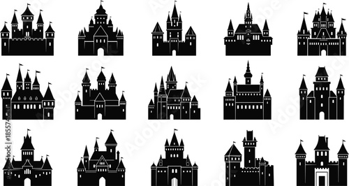 Medieval castle silhouette set, fairy tale fortress icons, ancient kingdom palace symbols, gothic towers and architecture elements for historical fantasy game design projects.