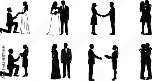 Romantic couple silhouettes set featuring wedding proposal, marriage ceremony, business meeting handshake, hugging, and kissing, vector illustration isolated on white background for design.