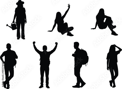 Set of black people silhouettes featuring casual outdoor activities, including gardening, hiking with backpacks, sitting, and celebrating success for lifestyle and community designs.