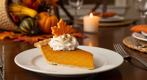 Delicious slice of pumpkin pie topped with whipped cream and a festive leaf decoration, set for a cozy autumn meal.