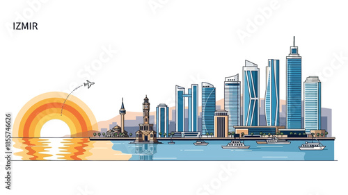 Izmir Skyline at Sunset A Vibrant Illustration of the Turkish City's Modern Architecture and Coastal Beauty