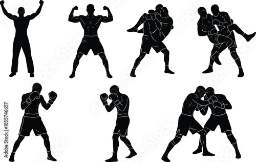 Set of black silhouettes featuring boxers and wrestlers in action poses, including fighting, grappling, flexing muscles, and celebrating victory for sports and fitness designs.