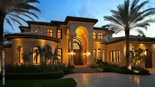 Luxurious mediterranean revival style mansion with palm trees at dusk.