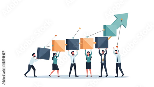 Dynamic illustration of a diverse business team collaborating to construct a rising graph, symbolizing collective effort towards achieving significant growth and shared success