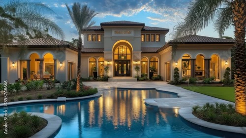 Luxurious mediterranean revival style villa with a pool at sunset.