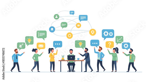 Dynamic team collaboration in a vibrant business environment, fostering innovative ideas and strategic communication for successful project development and problem-solving