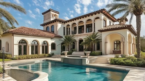 Luxurious mediterranean revival style villa with pool and palm trees.