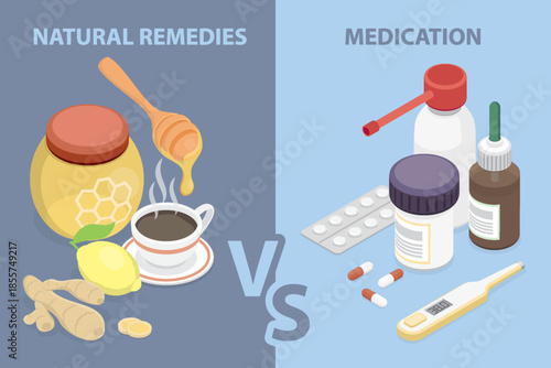 Medication vs natural remedies. Hot tea with ginger, lemon and honey versus antibiotics, drugs, pills and medicinal syrup. 3D flat isometric vector poster.