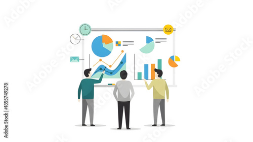 Collaborative team analyzes diverse data visualizations on a large screen, interpreting complex business trends and insights for strategic decision-making