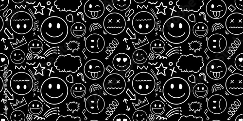 Seamless pattern of Hand drawn emoji doodles and scribbles.Minimalist doodle art seamless background, creative various shapes icons