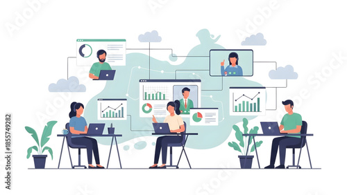 Diverse group of professionals collaborating remotely, utilizing laptops and video conferencing for successful project management and team communication in a modern digital workspace