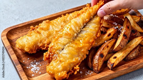 Wallpaper Mural Fried fish and potato wedges on wooden tray Torontodigital.ca