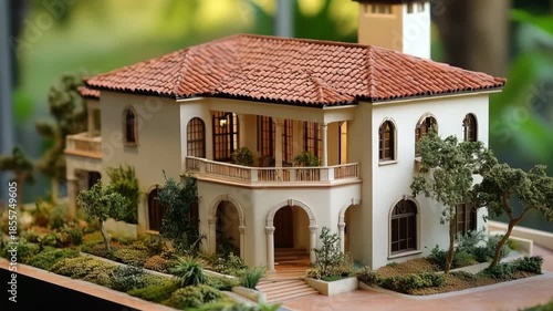 Miniature model of a mediterranean revival style villa with a red-tiled roof, surrounded by lush greenery and detailed landscaping.