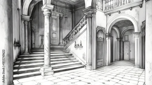 Black and white sketch of a grand staircase in a classical building.