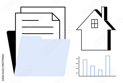 Real estate, property management, document organization, data analysis, home valuation, business planning. Folder with papers, house shape bar graph. Real estate and property management concept