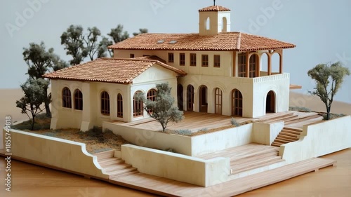 A detailed architectural model of a mediterranean revival style villa with terracotta roof, arched windows, and surrounding trees on a wooden base.