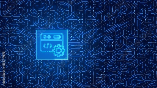 AI Web Development Icon on Glowing Blue Circuit Board Background