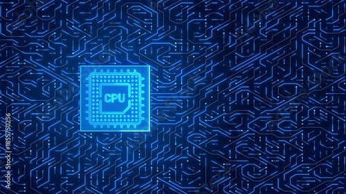 Glowing Blue CPU Processor on Digital Circuit Board. Computer Microchip Technology Loop.