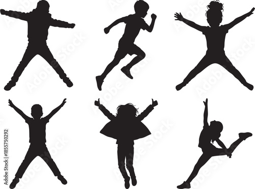  kids jumping silhouette vector, children sport action shadows, people jumping stencil illustration, active kids movement silhouettes, playful jump poses editable vector, sport activity shadow design