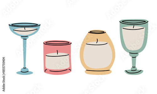 set of Christmas candles with flat colored glass silhouette in various glass candlesticks and cups. colorful holiday collection for cozy winter greeting cards, festive home decor, or seasonal graphic