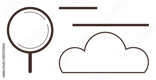 Magnifying glass, cloud, and horizontal lines represent analysis, cloud computing, precision, and speed. Ideal for technology, data, internet search tools education innovation research simple