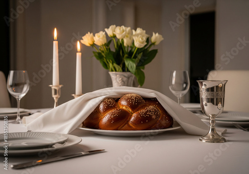 Elegant table setting with challah bread and candlelight